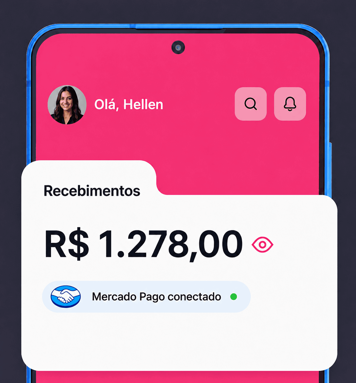Tela da Retorna com saldo de recebimentos e Mercado Pago conectado